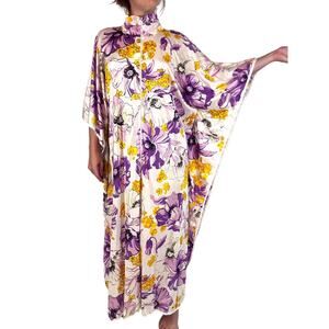 Vintage 1980s Purple & Yellow Floral Print Caftan Polyester Quarter Zip Lounge